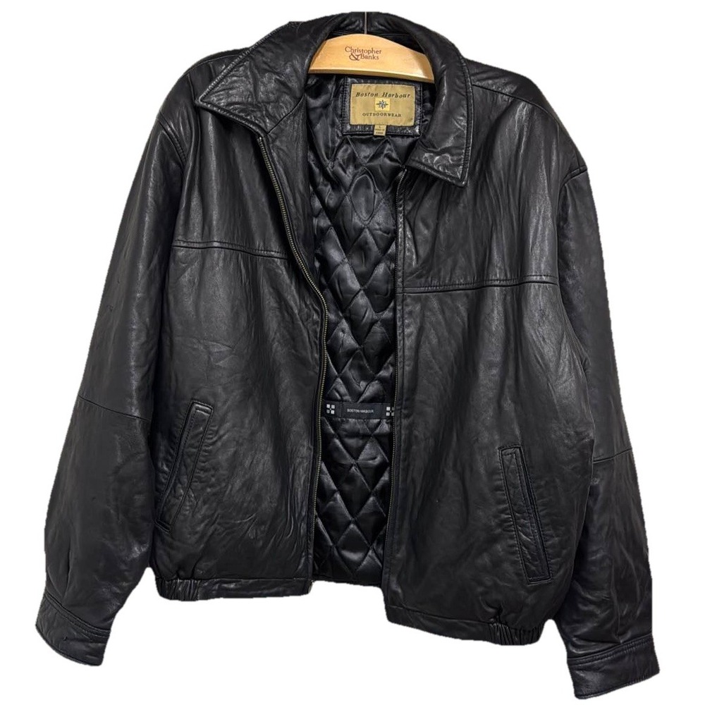 Boston Harbour Men's L Black Genuine Leather Bomber Jacket‎ Quilted Lined READ
